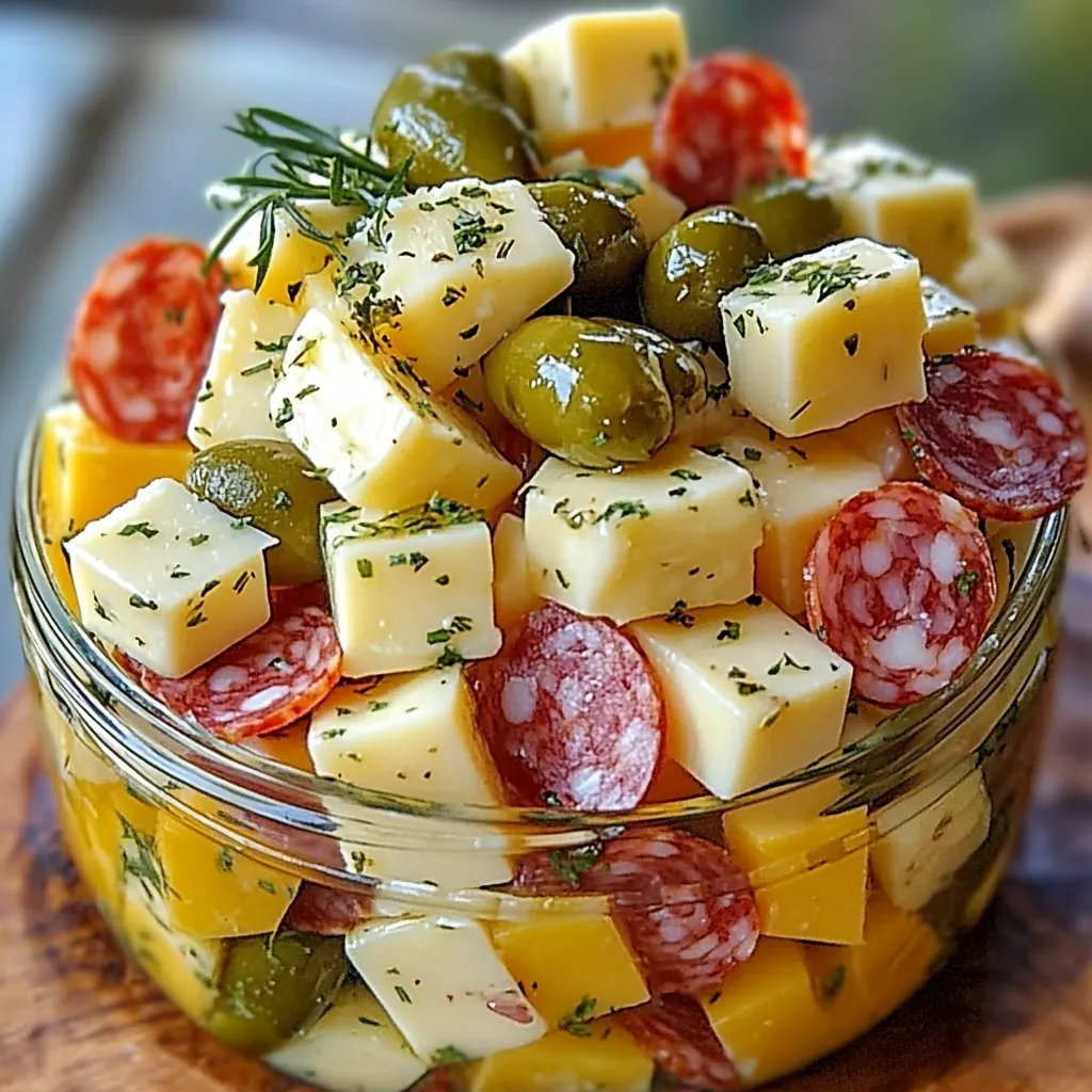 Bandeja decorativa con queso marinado en cubos, rodajas de salami y pepinillos, decorada con hierbas frescas como perejil.