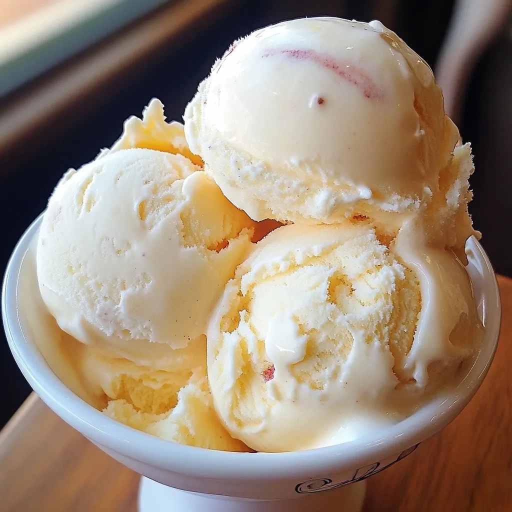 Helado de vainilla casero servido en un bol con rodajas de duraznos frescos y un toque de jugo dulce.