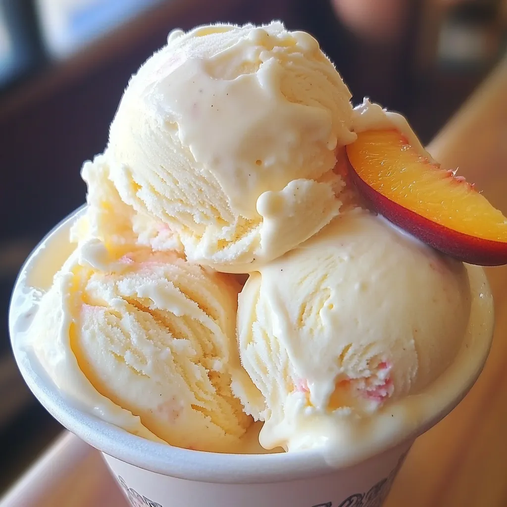 Helado de vainilla casero servido en un bol con rodajas de duraznos frescos y un toque de jugo dulce.