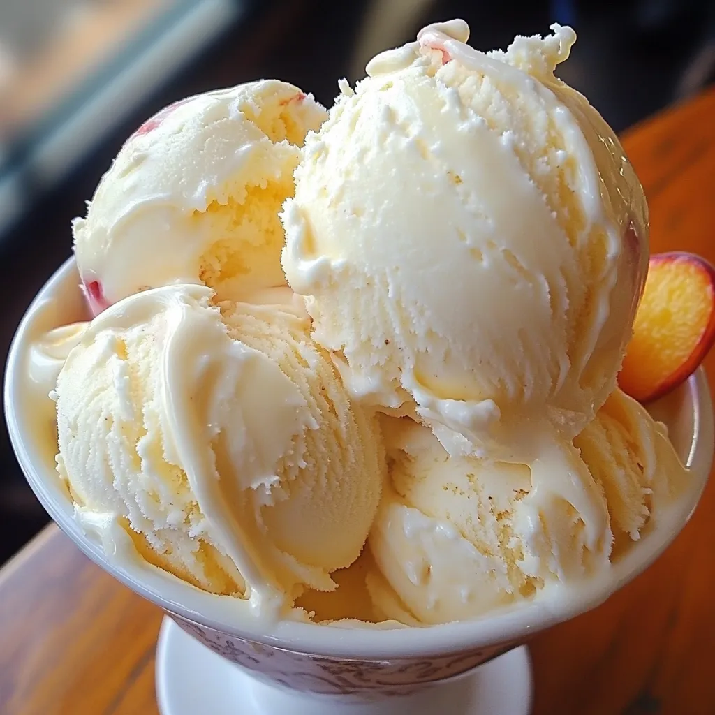 Helado de vainilla casero servido en un bol con rodajas de duraznos frescos y un toque de jugo dulce.