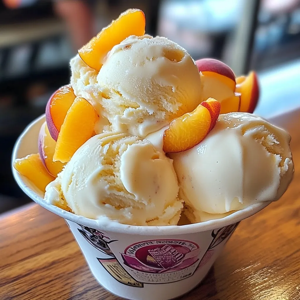 Helado de vainilla casero servido en un bol con rodajas de duraznos frescos y un toque de jugo dulce.