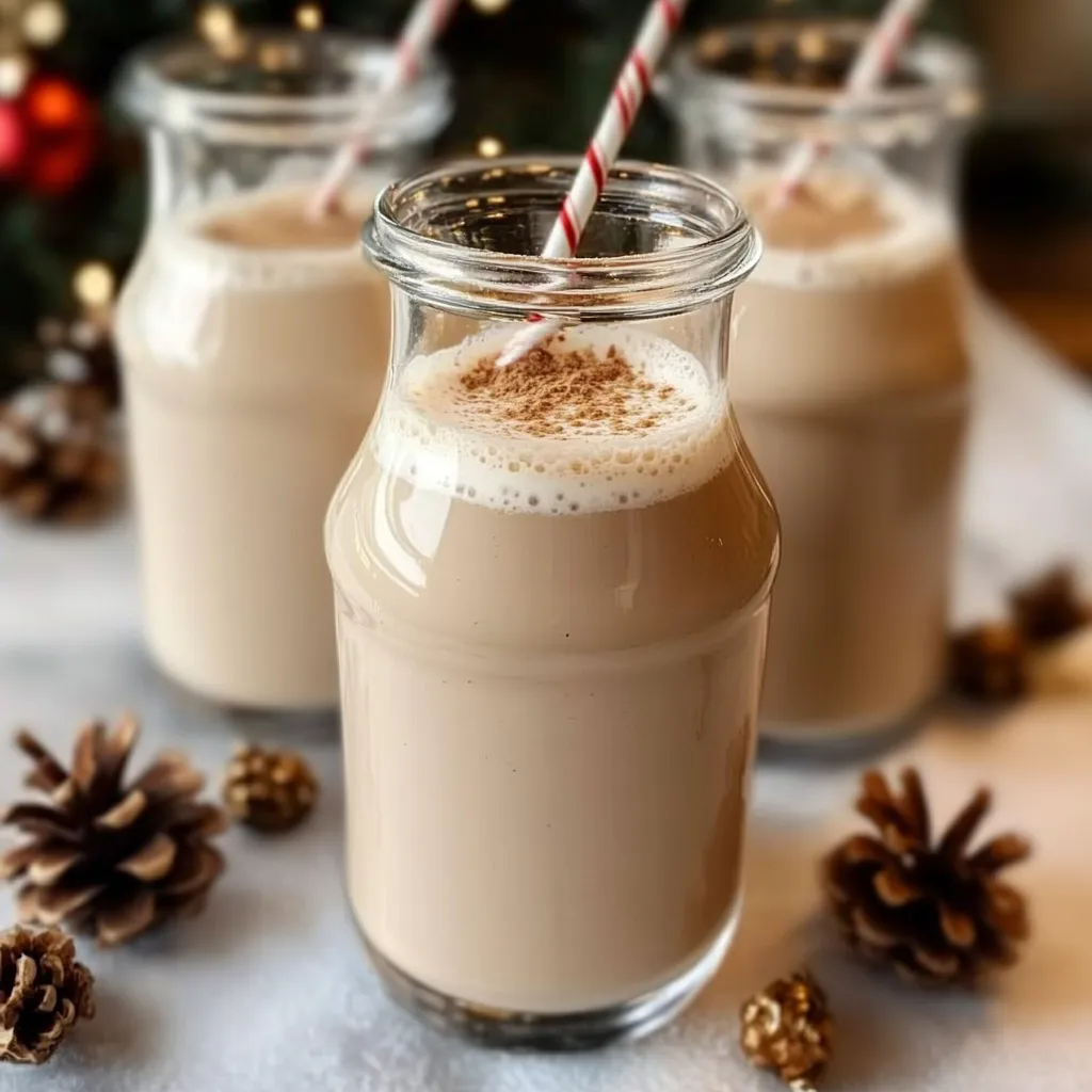 Licor cremoso casero servido en vasos pequeños con hielo, decorado con canela en polvo, sobre una mesa festiva navideña.