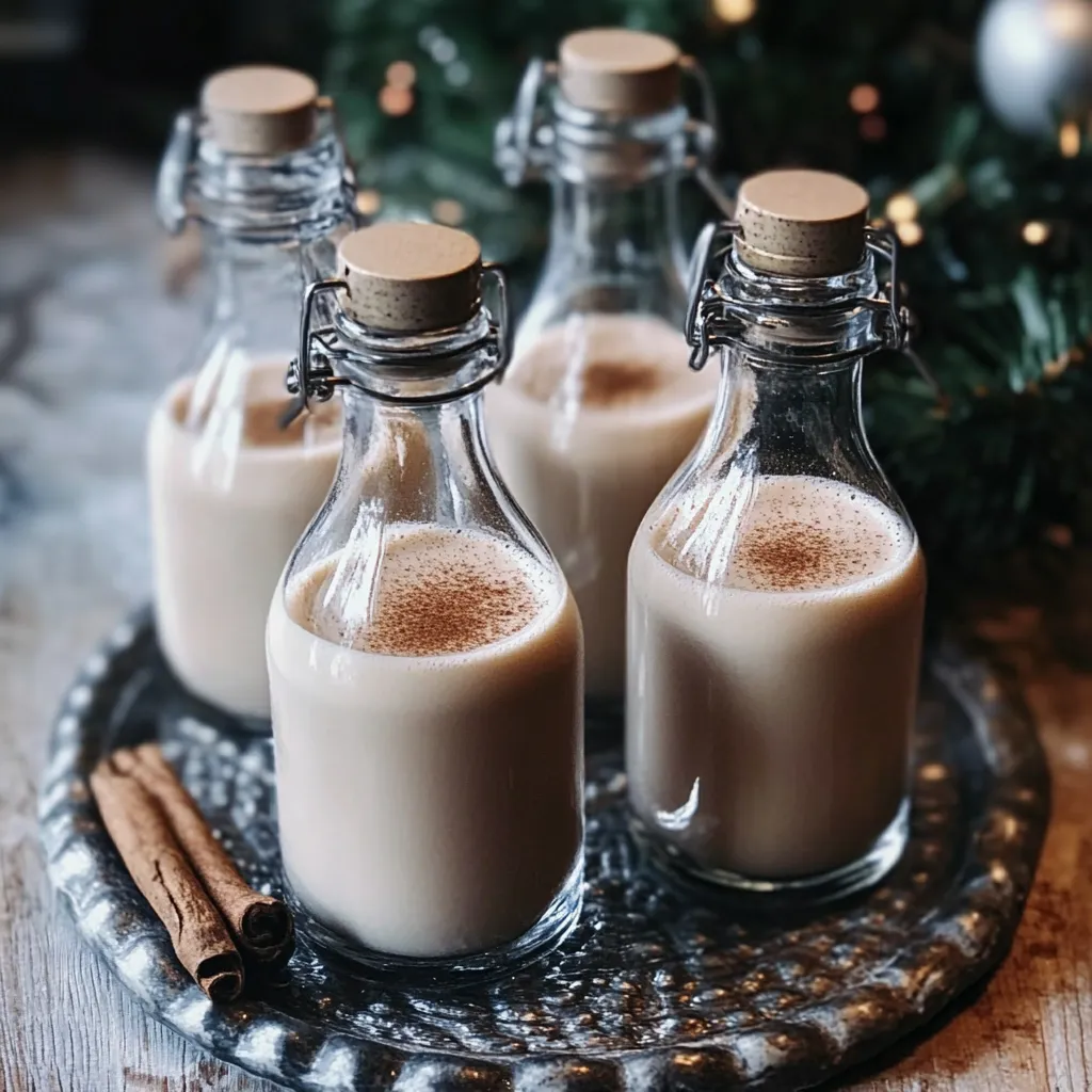 Licor cremoso casero servido en vasos pequeños con hielo, decorado con canela en polvo, sobre una mesa festiva navideña.