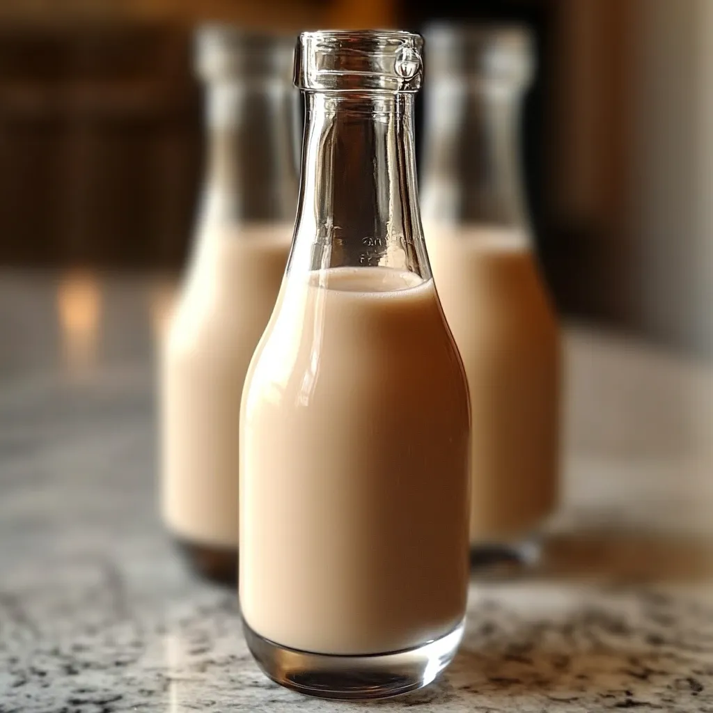 Licor cremoso casero servido en vasos pequeños con hielo, decorado con canela en polvo, sobre una mesa festiva navideña.