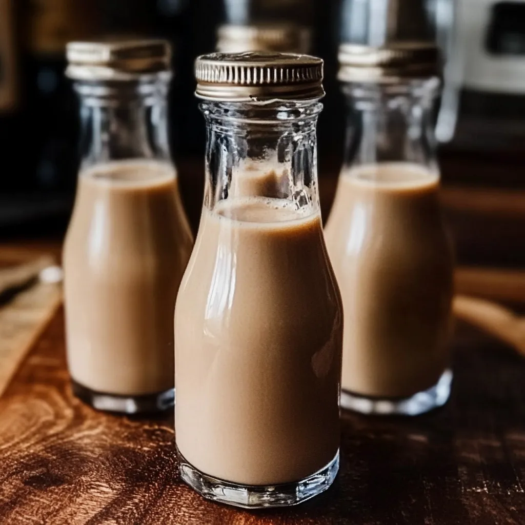 Licor cremoso casero servido en vasos pequeños con hielo, decorado con canela en polvo, sobre una mesa festiva navideña.