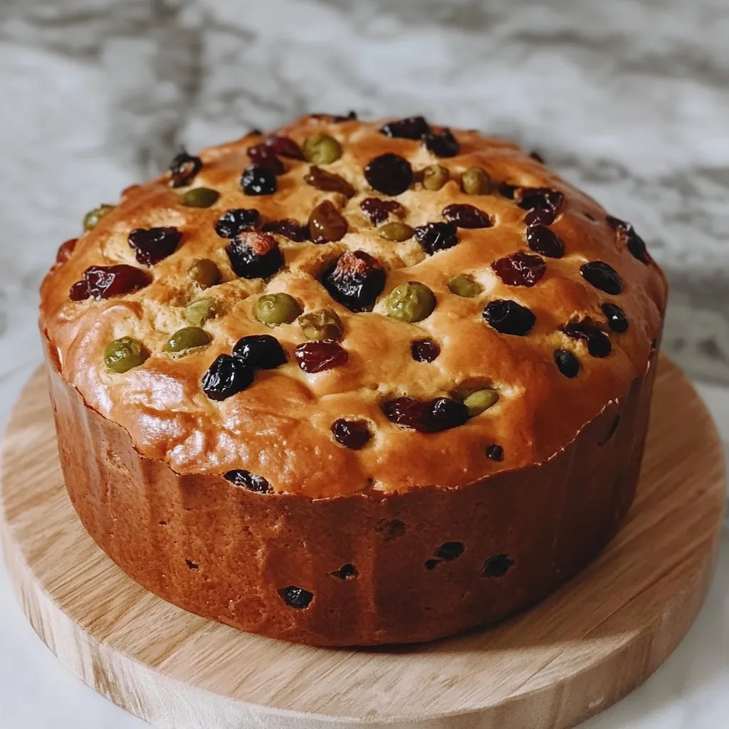 Panettone Navideño casero decorado con frutas confitadas y pasas en una mesa festiva.