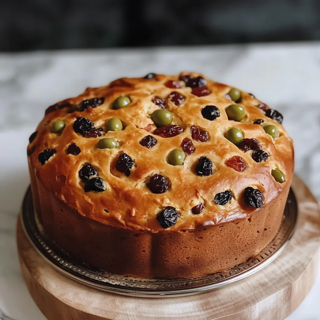 Panettone Navideño casero decorado con frutas confitadas y pasas en una mesa festiva. 