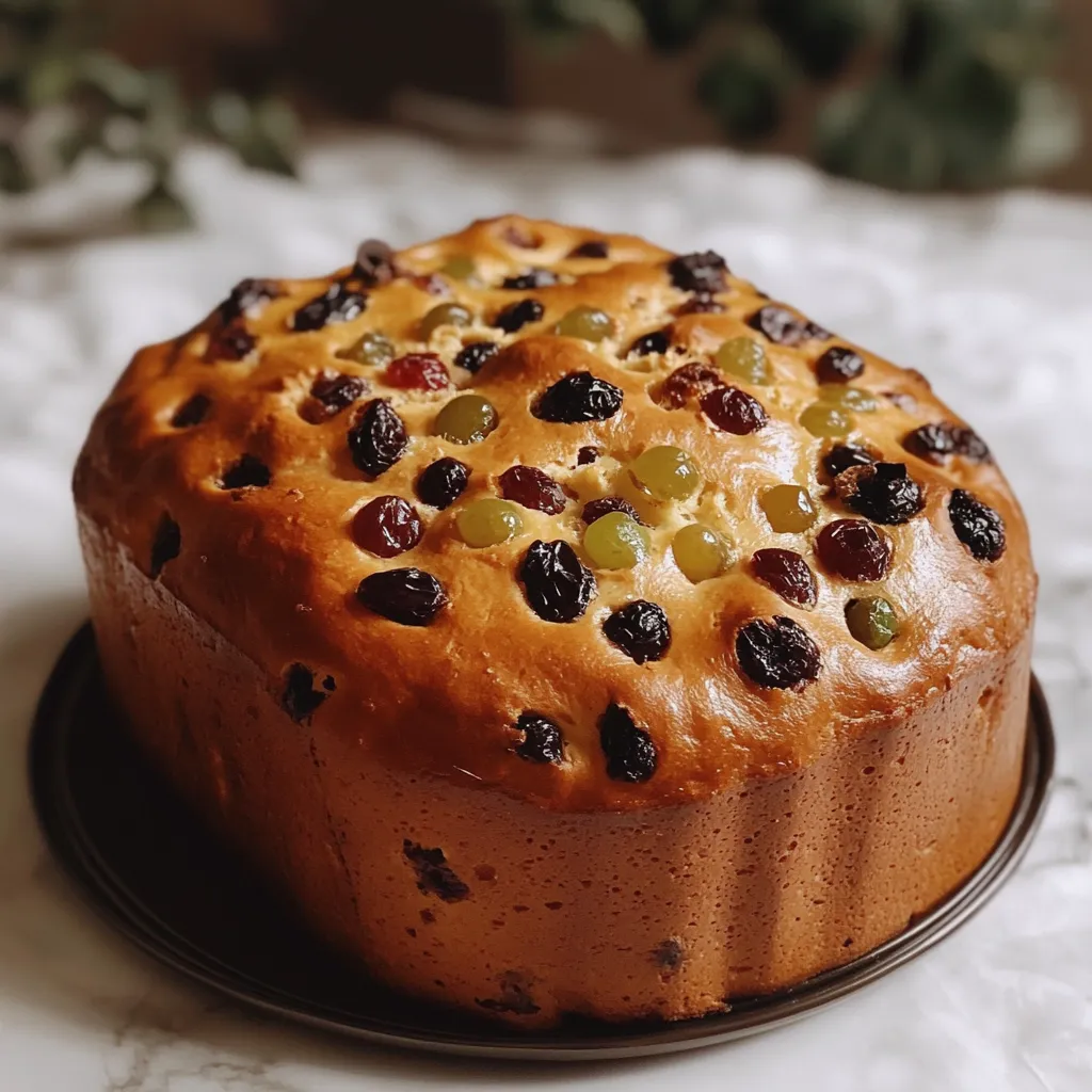 Panettone Navideño casero decorado con frutas confitadas y pasas en una mesa festiva. 