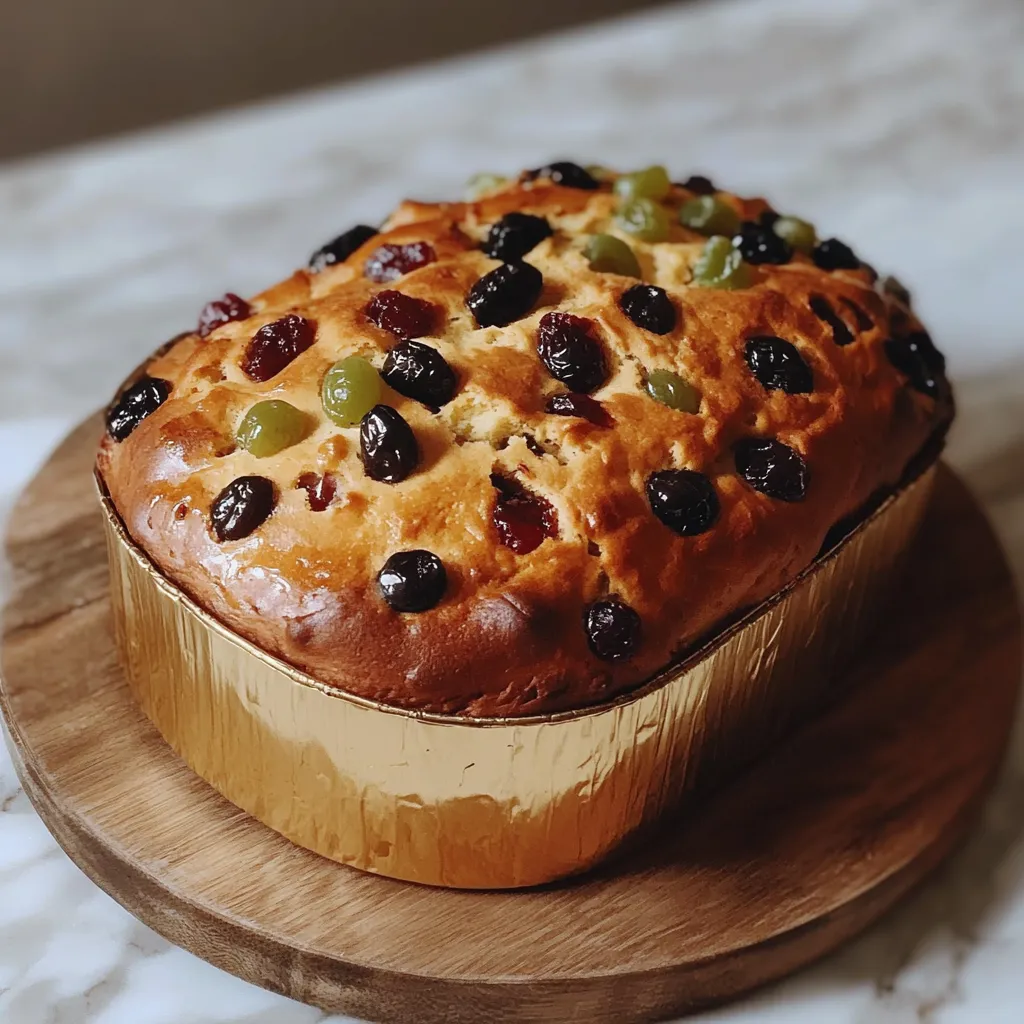 Panettone Navideño casero decorado con frutas confitadas y pasas en una mesa festiva. 