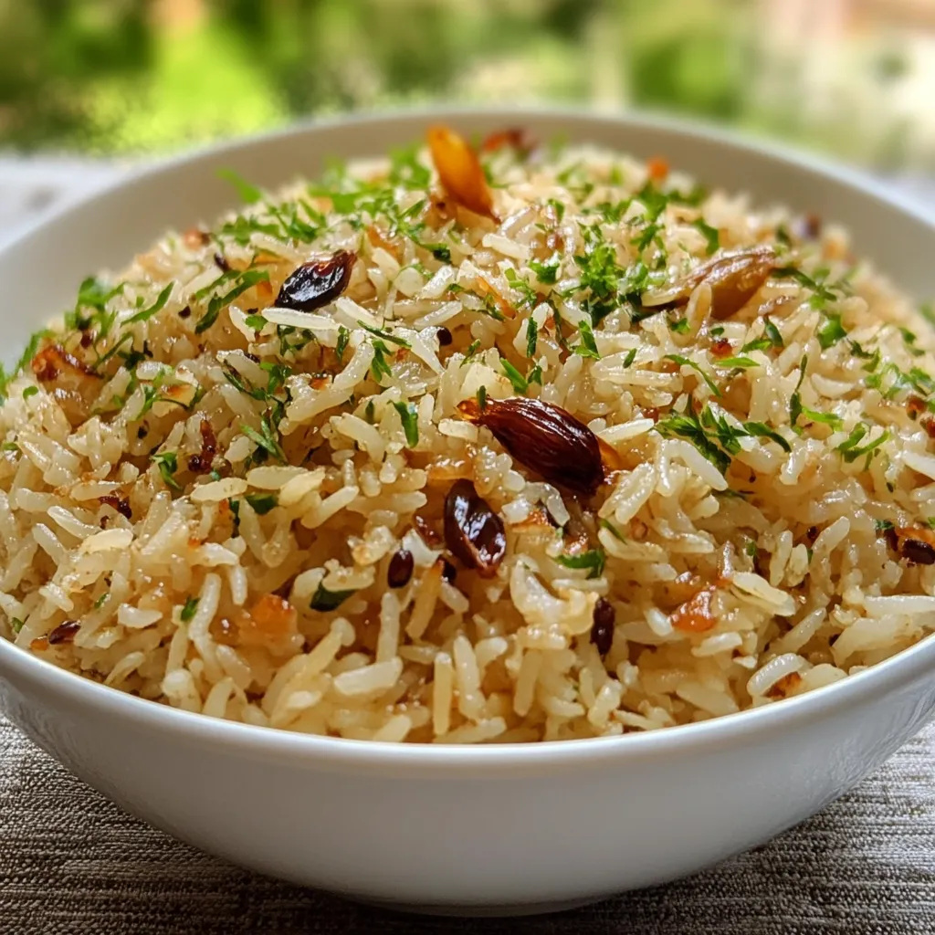 Plato de arroz árabe con pasas y almendras, servido en un cuenco de cerámica.