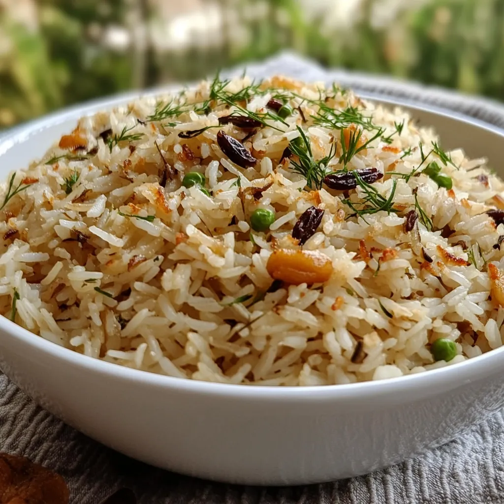 Plato de arroz árabe con pasas y almendras, servido en un cuenco de cerámica.