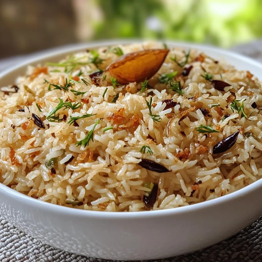 Plato de arroz árabe con pasas y almendras, servido en un cuenco de cerámica.