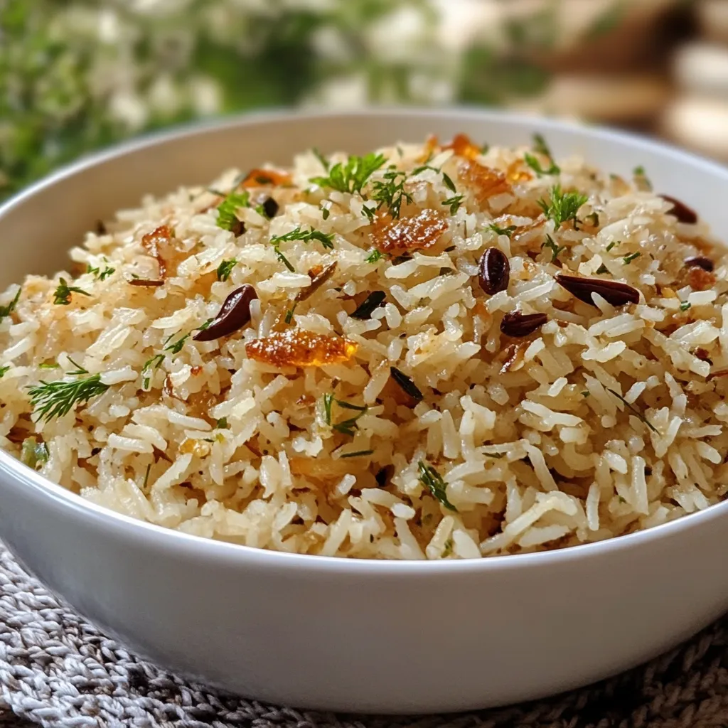 Plato de arroz árabe con pasas y almendras, servido en un cuenco de cerámica.