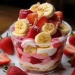 Pudín de plátano y fresa servido en una fuente de vidrio, decorado con rodajas de plátano fresco y fresas en la parte superior.