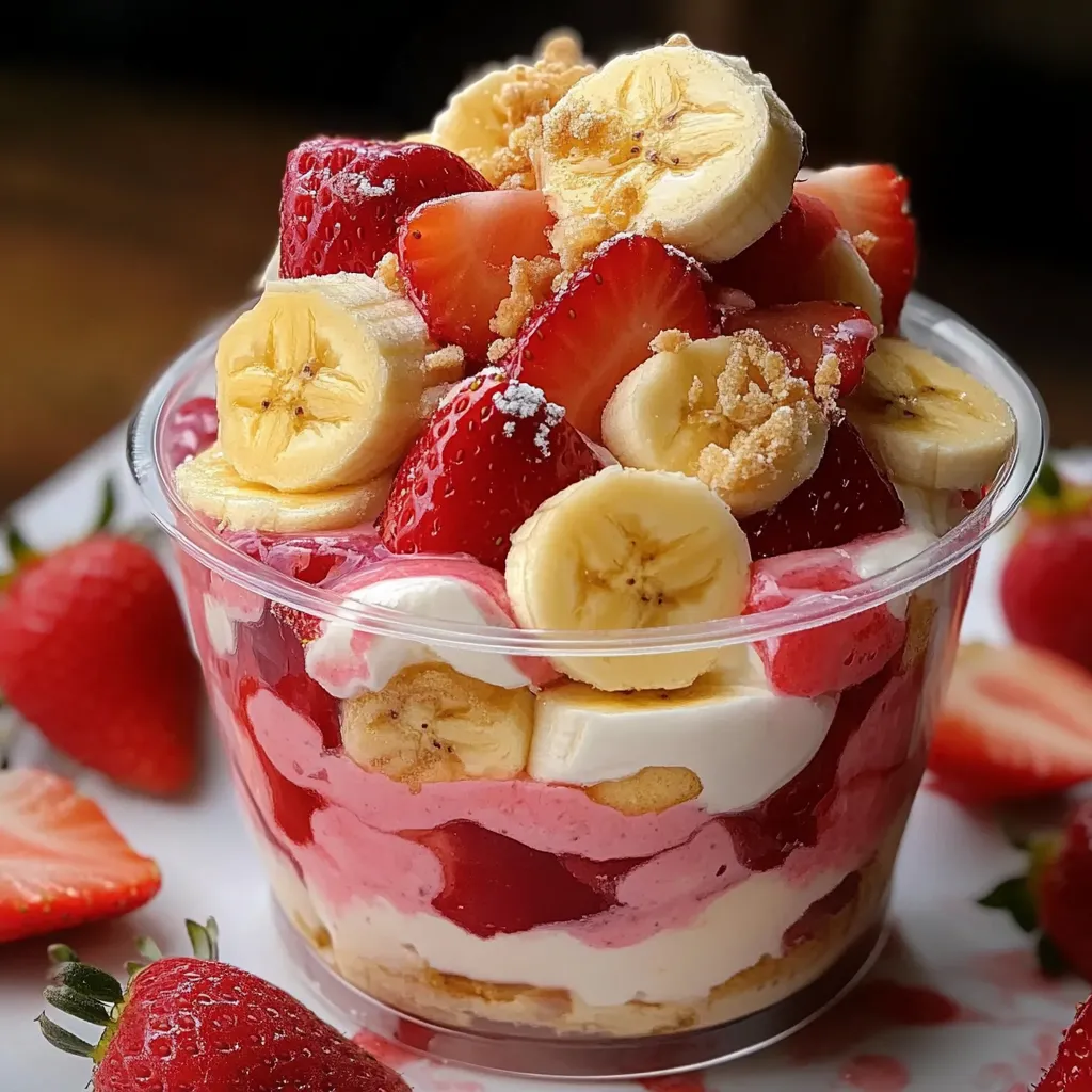 Pudín de plátano y fresa servido en una fuente de vidrio, decorado con rodajas de plátano fresco y fresas en la parte superior.