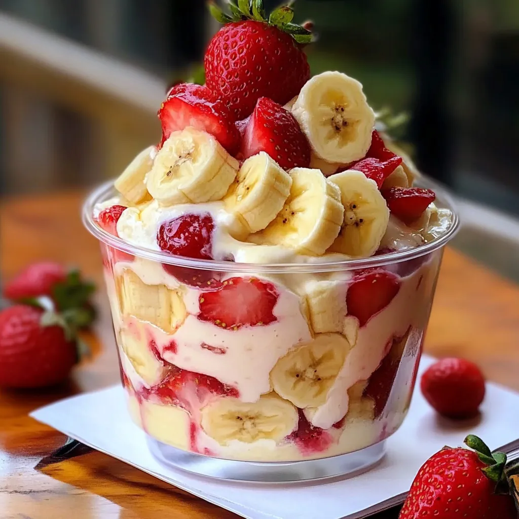 Pudín de plátano y fresa servido en una fuente de vidrio, decorado con rodajas de plátano fresco y fresas en la parte superior.