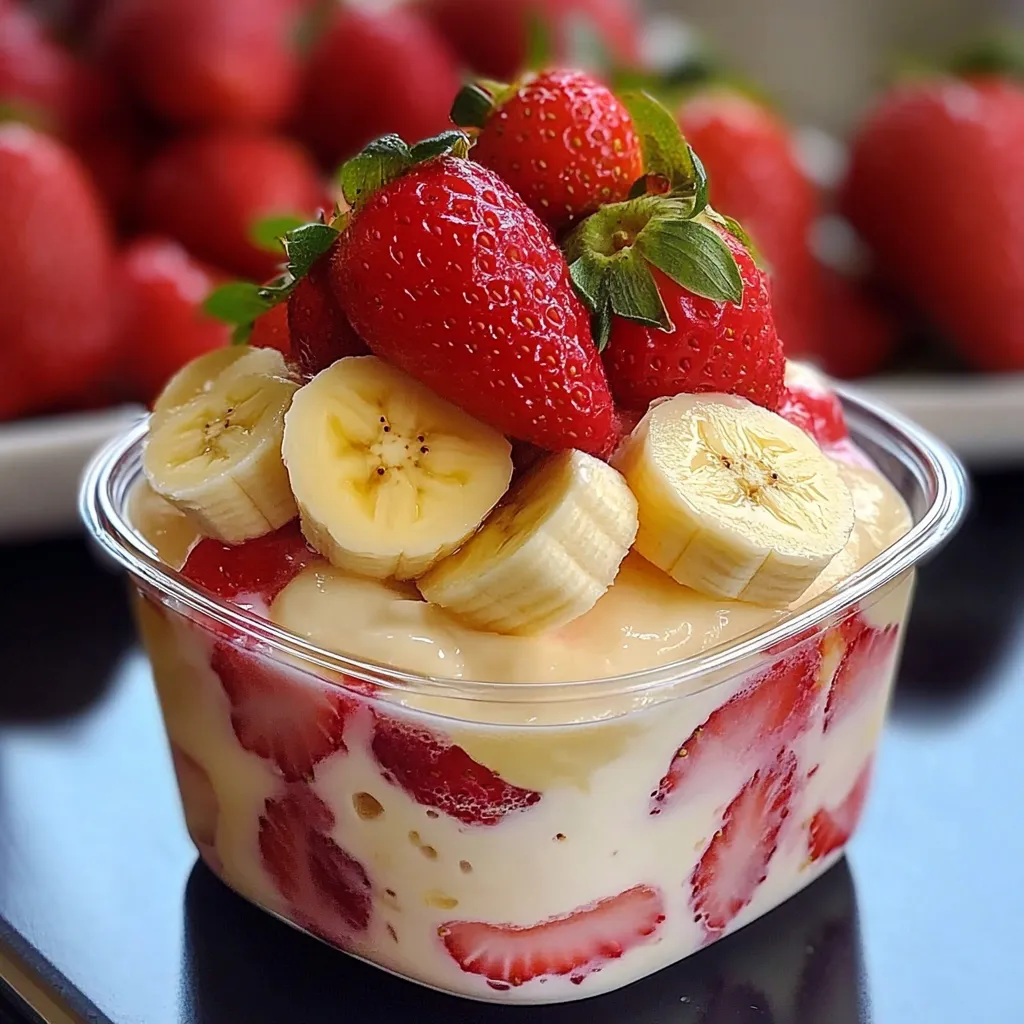 Pudín de plátano y fresa servido en una fuente de vidrio, decorado con rodajas de plátano fresco y fresas en la parte superior.