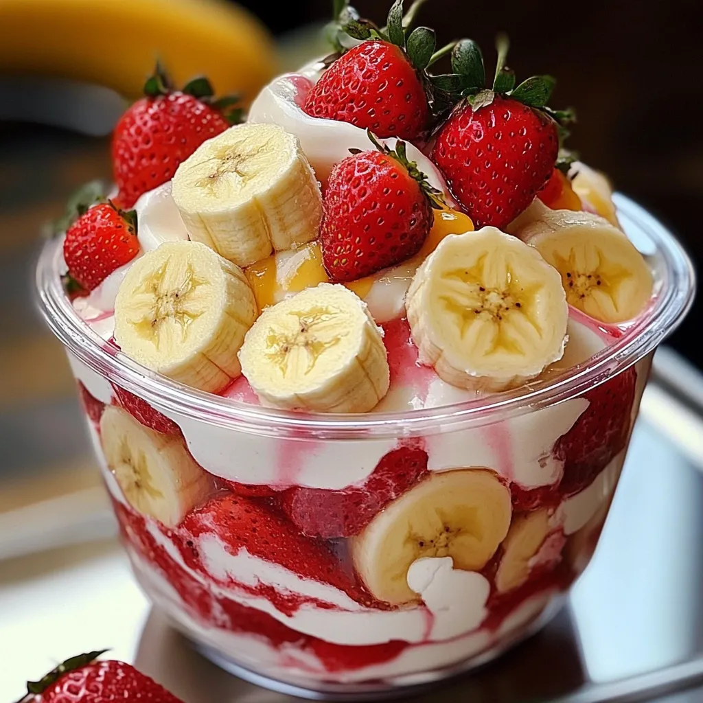 Pudín de plátano y fresa servido en una fuente de vidrio, decorado con rodajas de plátano fresco y fresas en la parte superior.