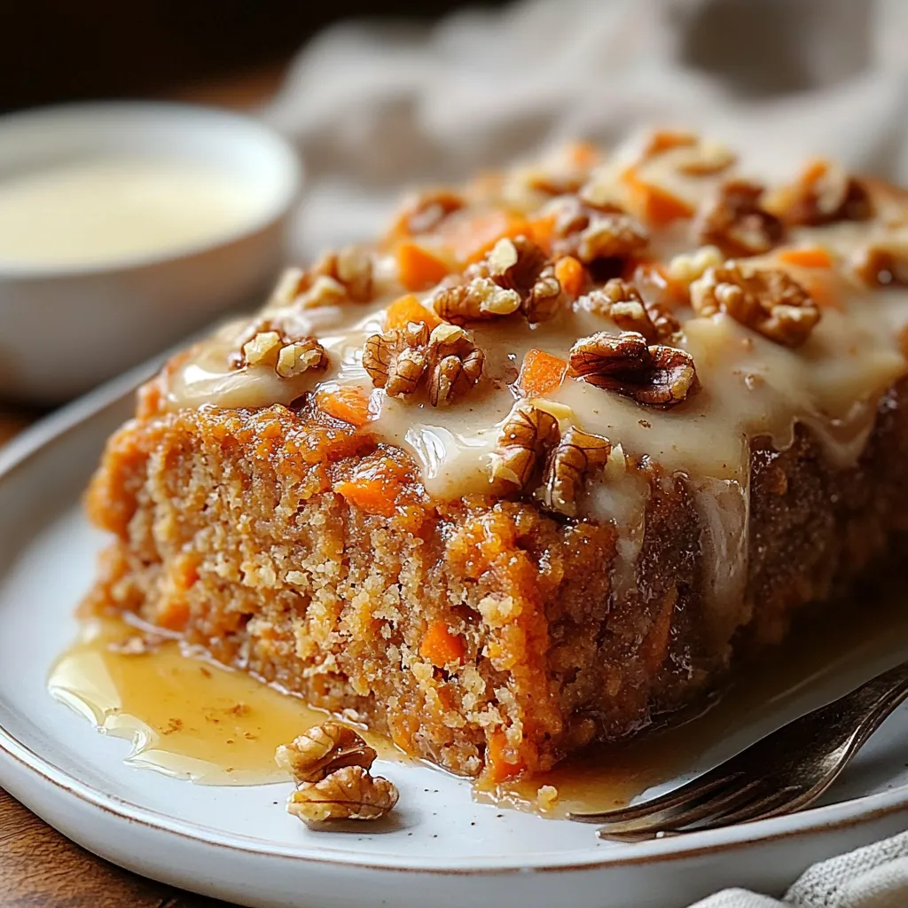 Budín de zanahoria y nueces esponjoso, decorado con glaseado de queso crema y nueces enteras, servido en un plato rústico.
