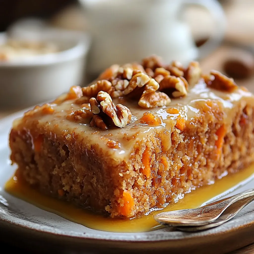 Budín de zanahoria y nueces esponjoso, decorado con glaseado de queso crema y nueces enteras, servido en un plato rústico.