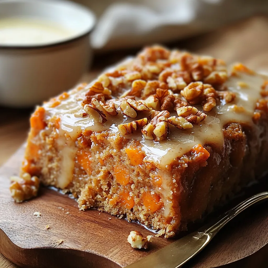 Budín de zanahoria y nueces esponjoso, decorado con glaseado de queso crema y nueces enteras, servido en un plato rústico.