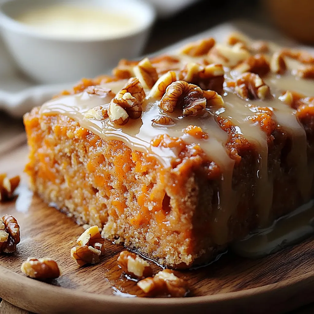 Budín de zanahoria y nueces esponjoso, decorado con glaseado de queso crema y nueces enteras, servido en un plato rústico.
