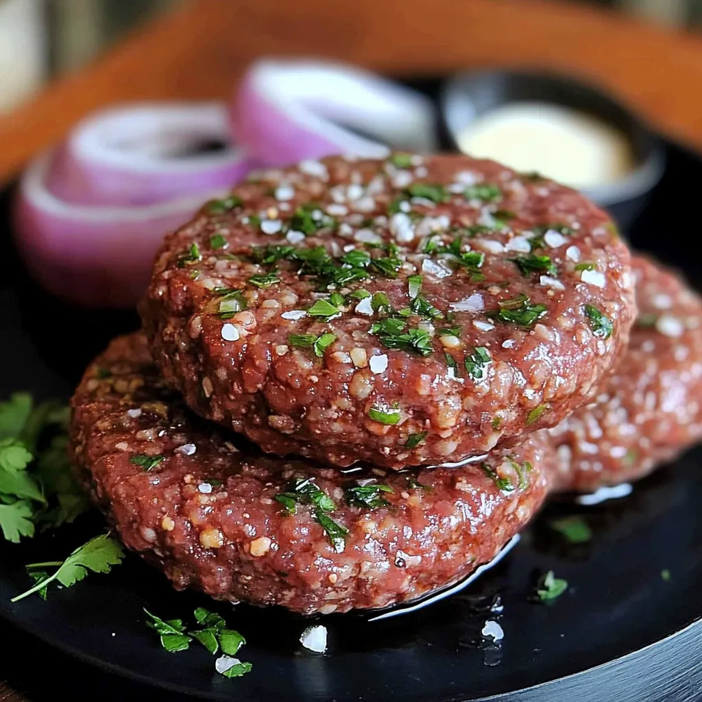 Imagen de carne casera para hamburguesas, lista para cocinar, acompañada de especias frescas y hierbas aromáticas.