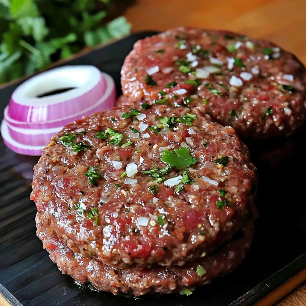 Imagen de carne casera para hamburguesas, lista para cocinar, acompañada de especias frescas y hierbas aromáticas.