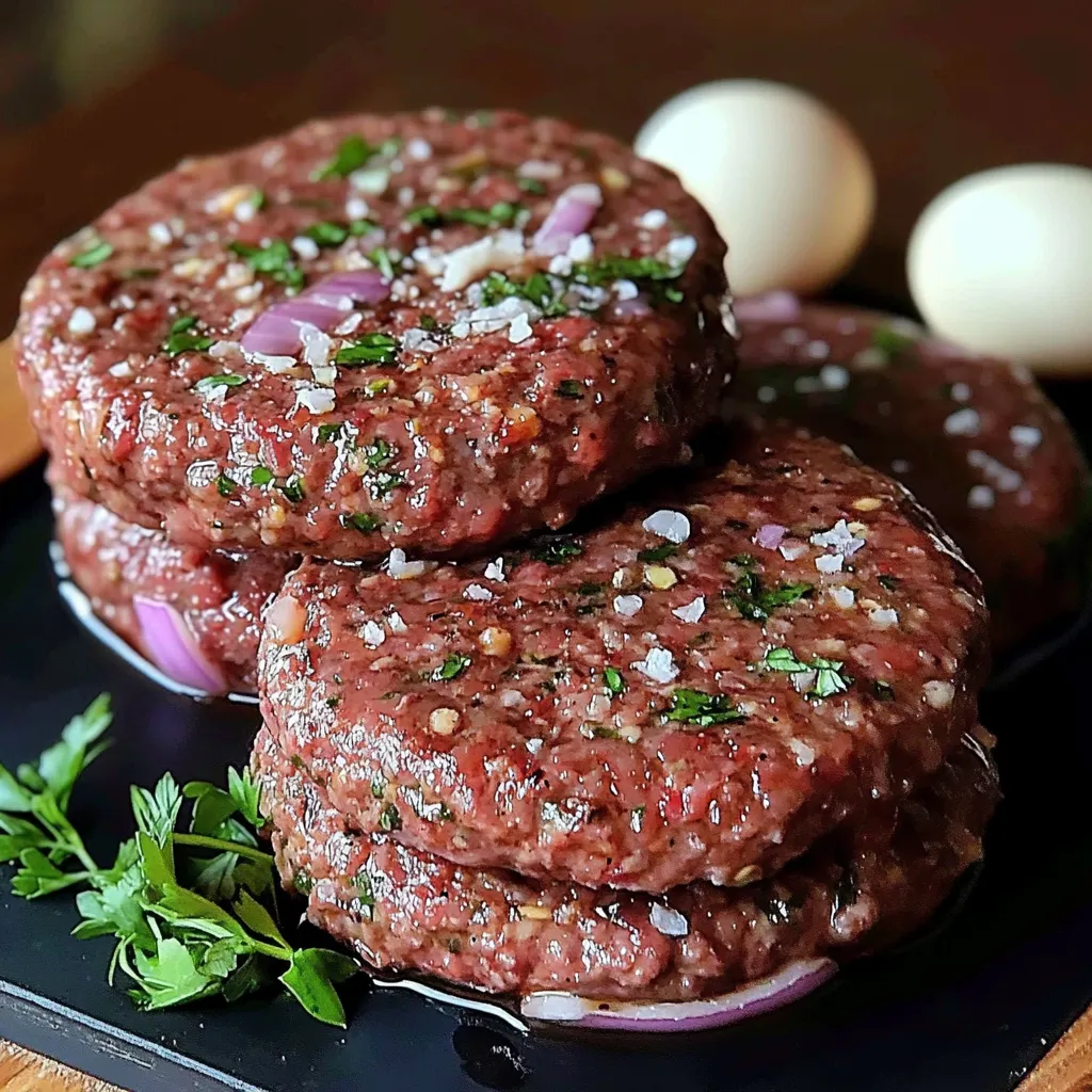Imagen de carne casera para hamburguesas, lista para cocinar, acompañada de especias frescas y hierbas aromáticas.