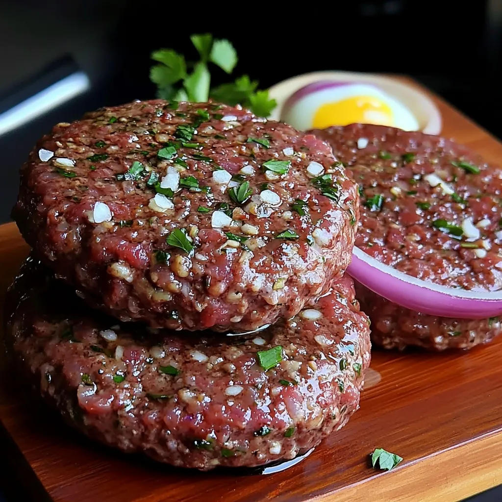 Imagen de carne casera para hamburguesas, lista para cocinar, acompañada de especias frescas y hierbas aromáticas.