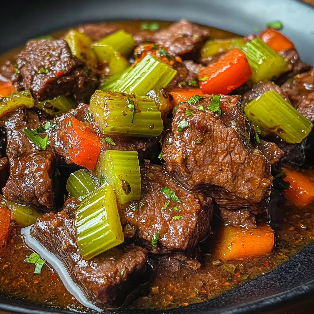 Plato de carne de res guisada con ají pimentón y apio, acompañado de arroz blanco.
