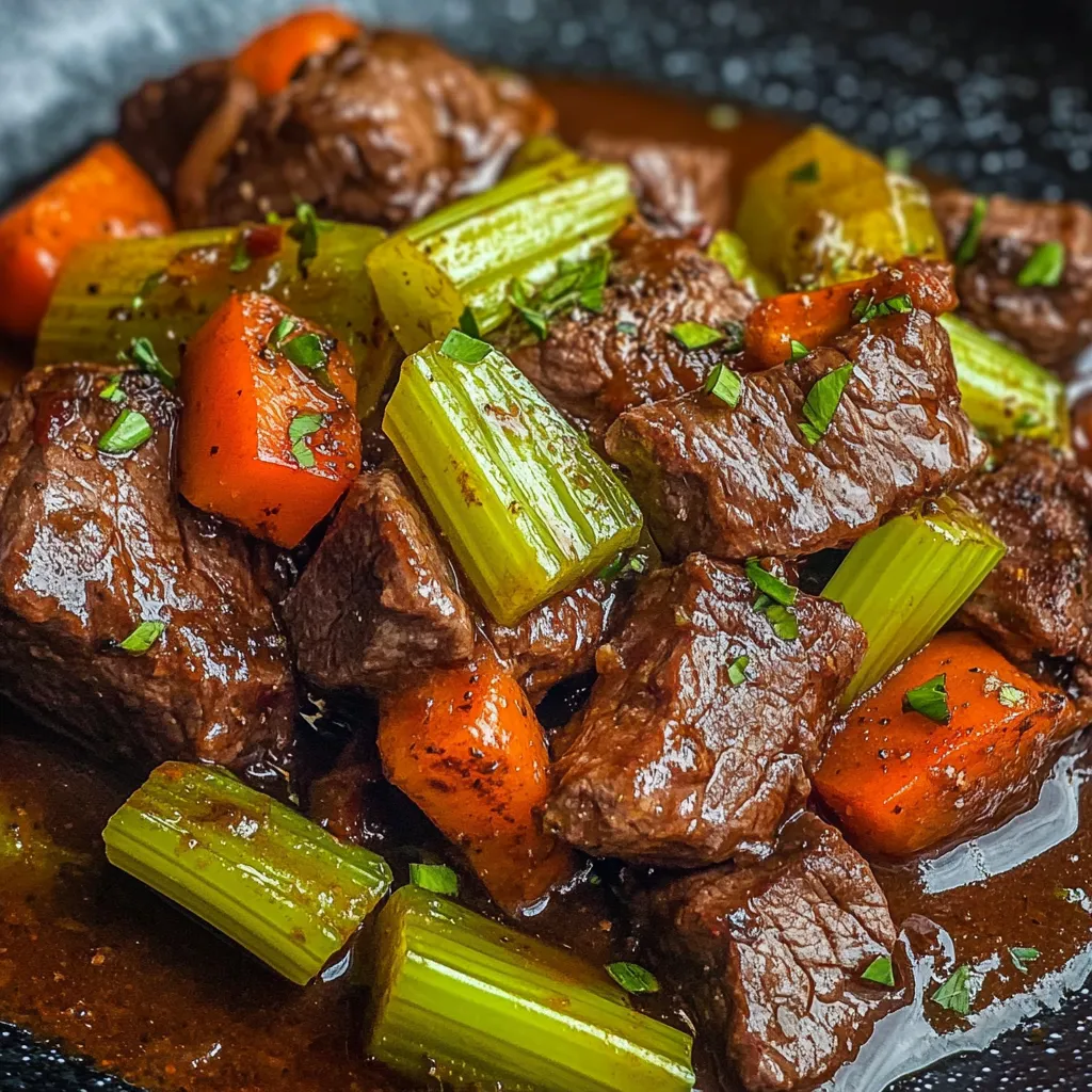 Plato de carne de res guisada con ají pimentón y apio, acompañado de arroz blanco.