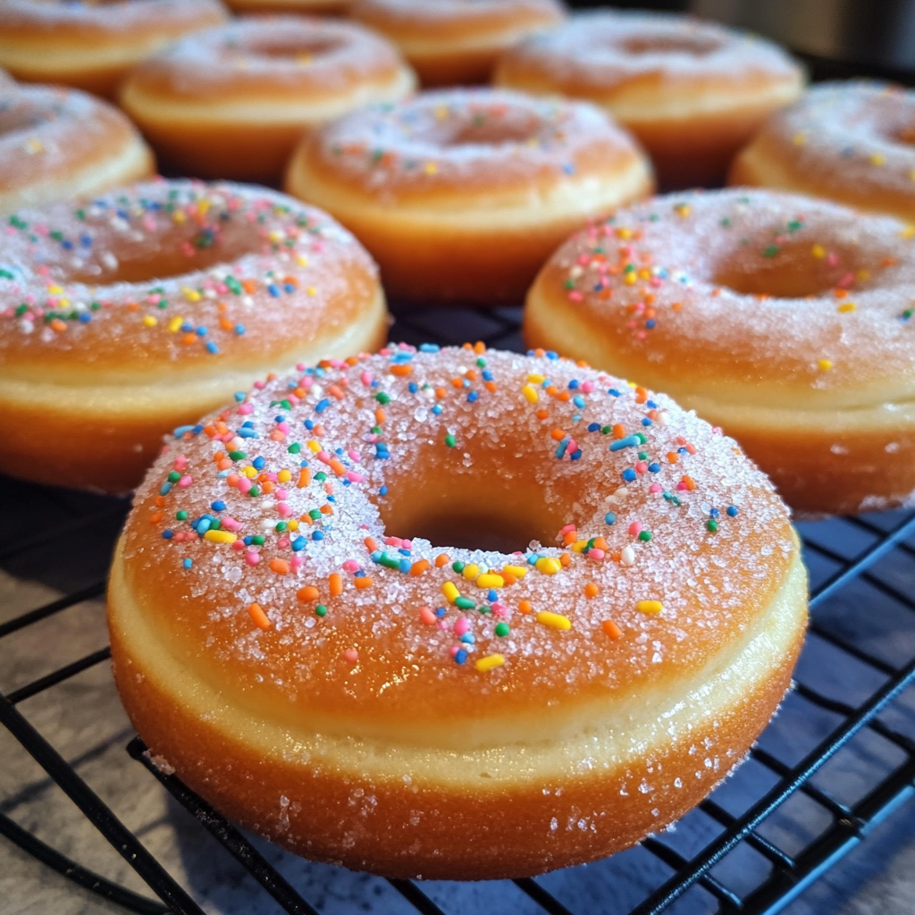 Donas caseras de azúcar esponjosas y doradas, espolvoreadas con azúcar, servidas en una bandeja rústica.