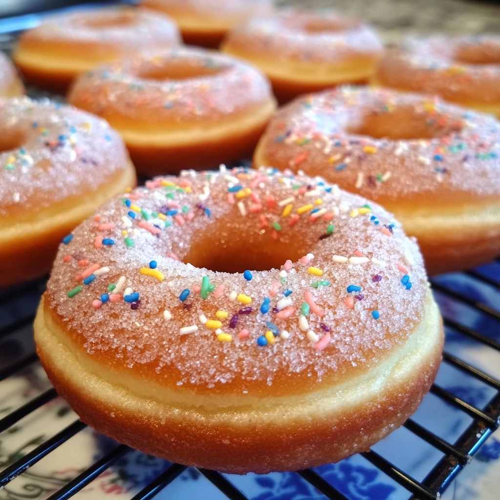 Donas caseras de azúcar esponjosas y doradas, espolvoreadas con azúcar, servidas en una bandeja rústica.