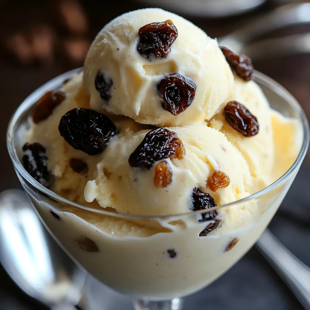 Un tazón de helado casero de ron y pasas, cremoso, con pasas visibles y servido en una mesa rústica.