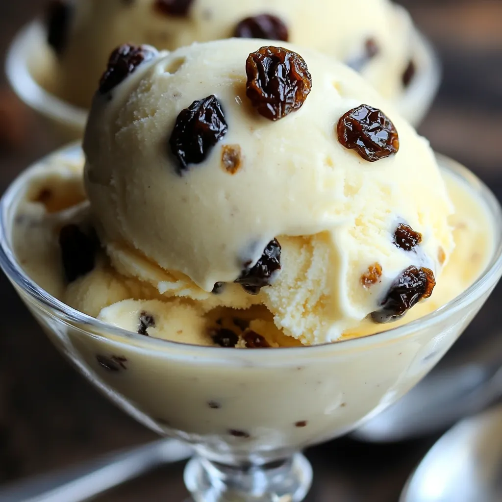 Un tazón de helado casero de ron y pasas, cremoso, con pasas visibles y servido en una mesa rústica.