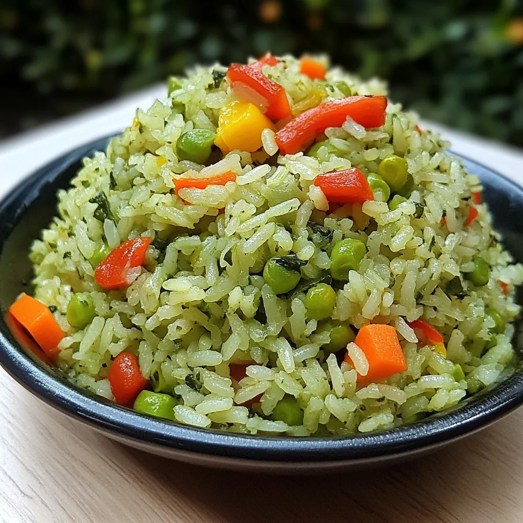 Plato de arroz verde con vegetales frescos, servido en un molde redondo para una presentación elegante.