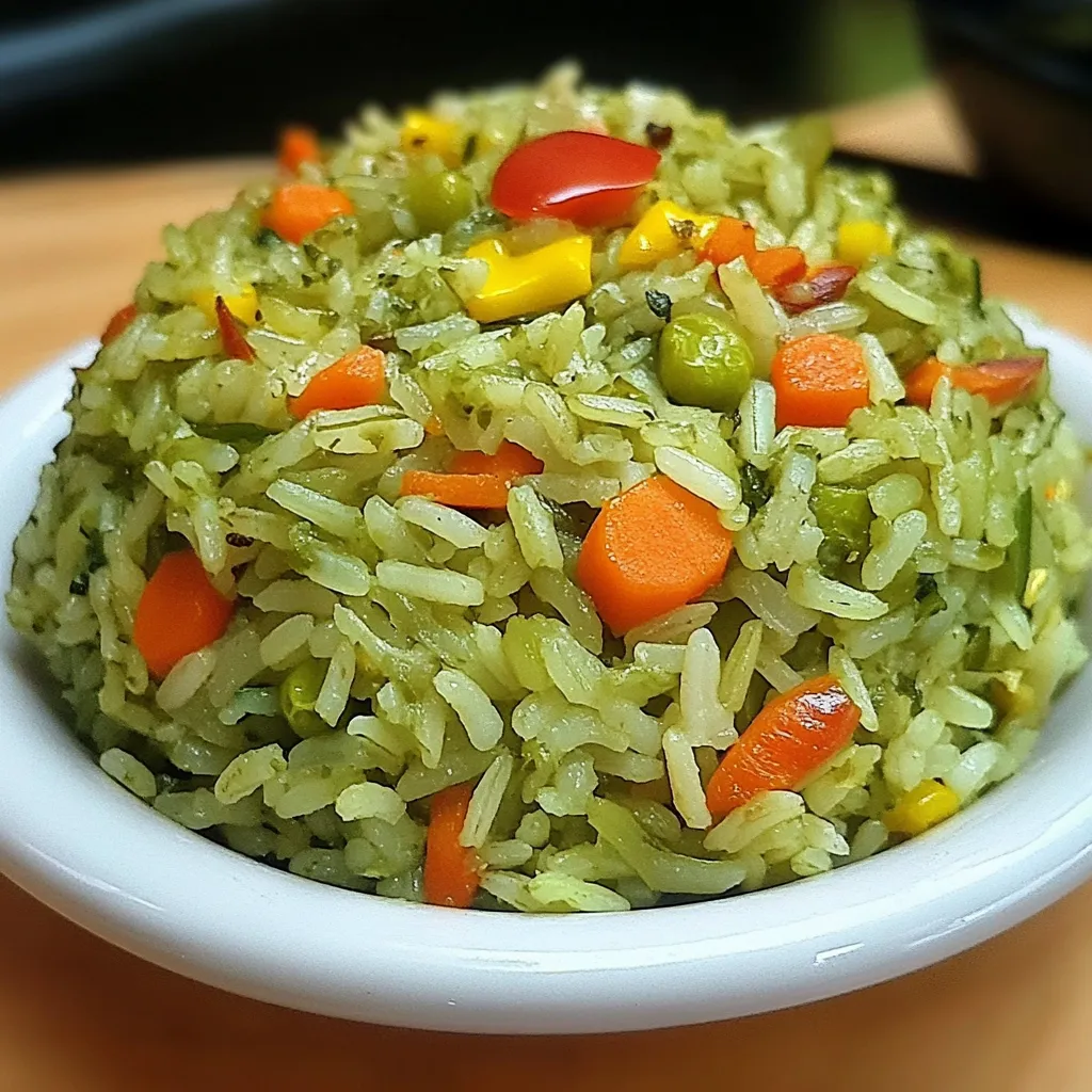 Plato de arroz verde con vegetales frescos, servido en un molde redondo para una presentación elegante.