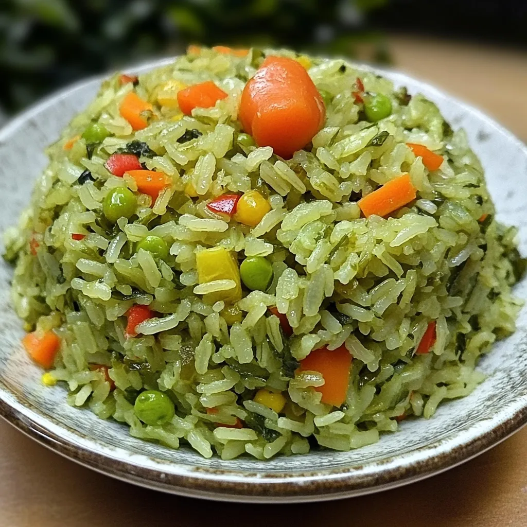 Plato de arroz verde con vegetales frescos, servido en un molde redondo para una presentación elegante.