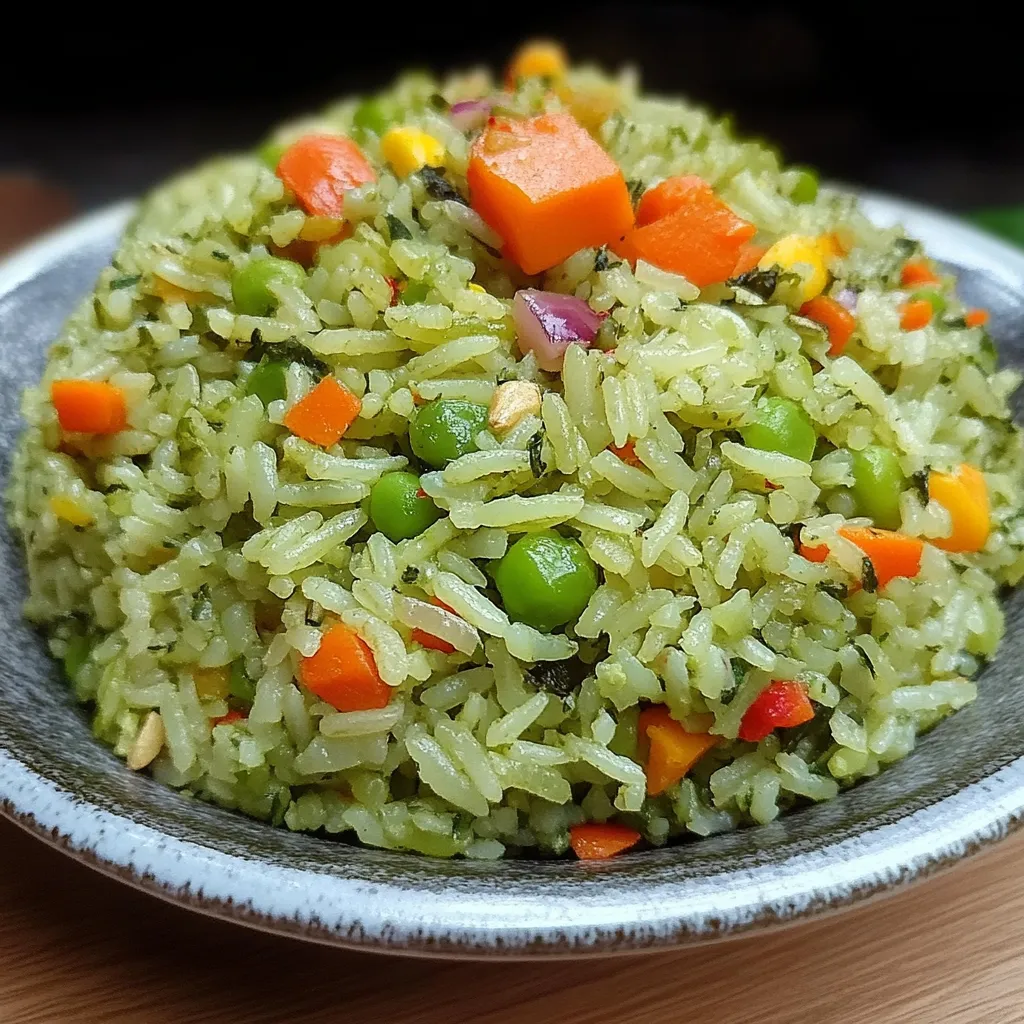 Plato de arroz verde con vegetales frescos, servido en un molde redondo para una presentación elegante.