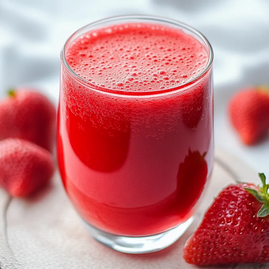 Un vaso de jugo rojo fresco servido en un vaso alto, acompañado de trozos de zanahoria, remolacha y fresas frescas.