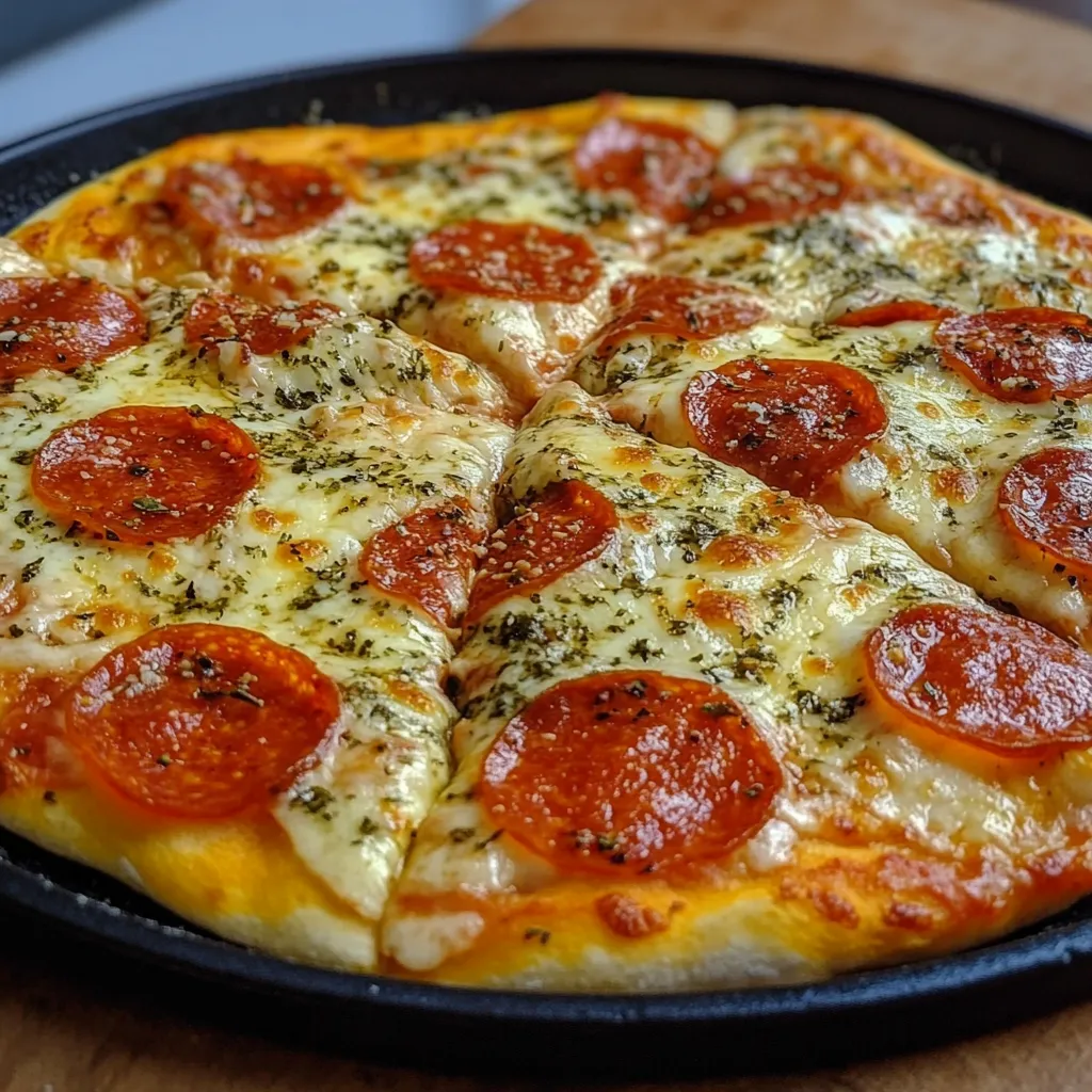 Pizza casera cocinada en sartén, con masa dorada, queso derretido, salchicha y cebolla, lista para disfrutar.
