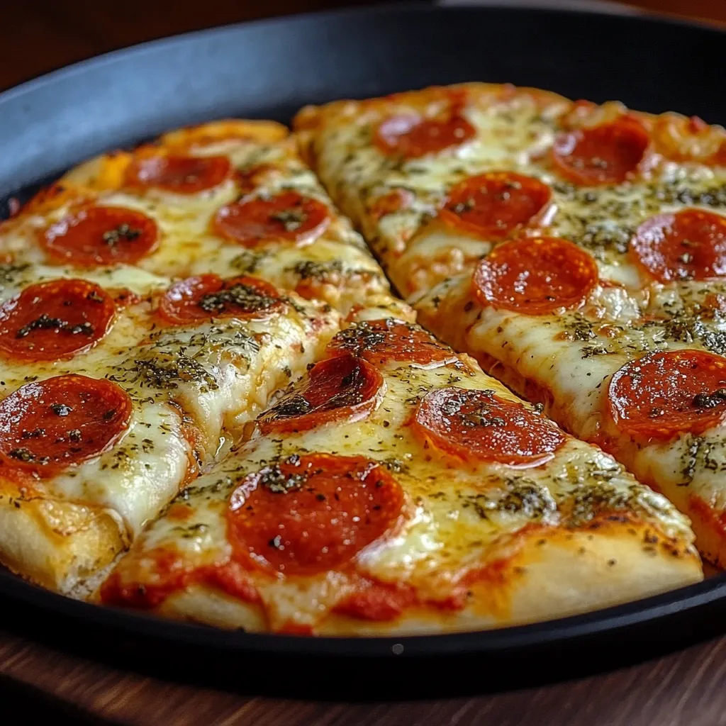 Pizza casera cocinada en sartén, con masa dorada, queso derretido, salchicha y cebolla, lista para disfrutar.