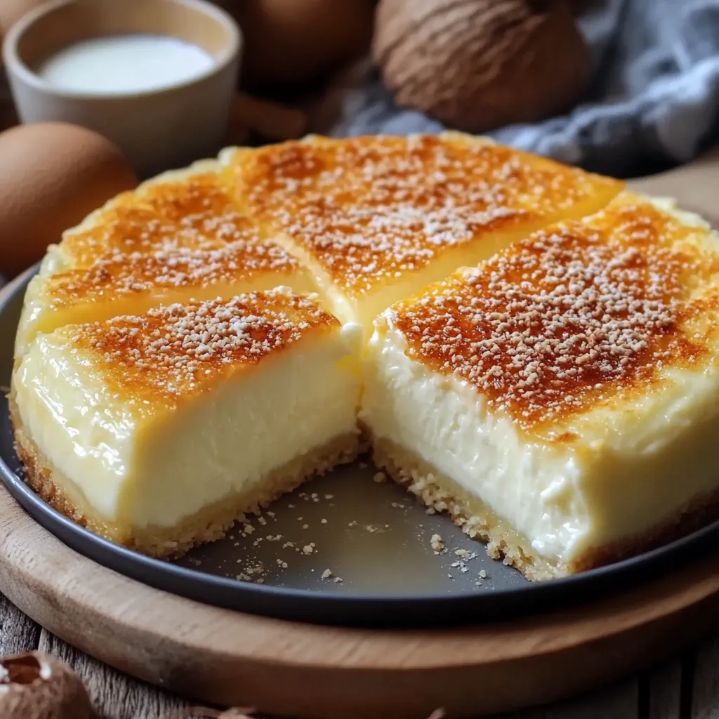 Pastel cremoso del noreste servido en un plato blanco, con una textura dorada y cremosa en el centro, acompañado de café.