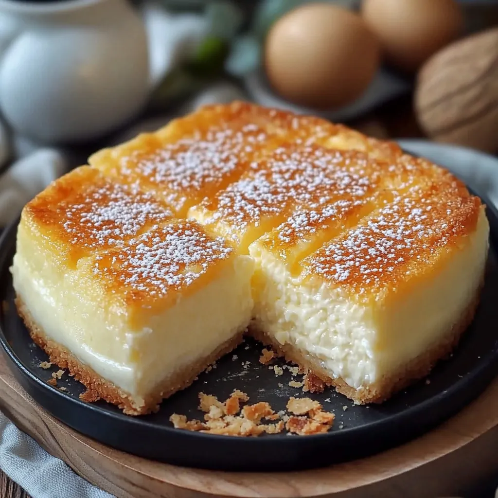 Pastel cremoso del noreste servido en un plato blanco, con una textura dorada y cremosa en el centro, acompañado de café.