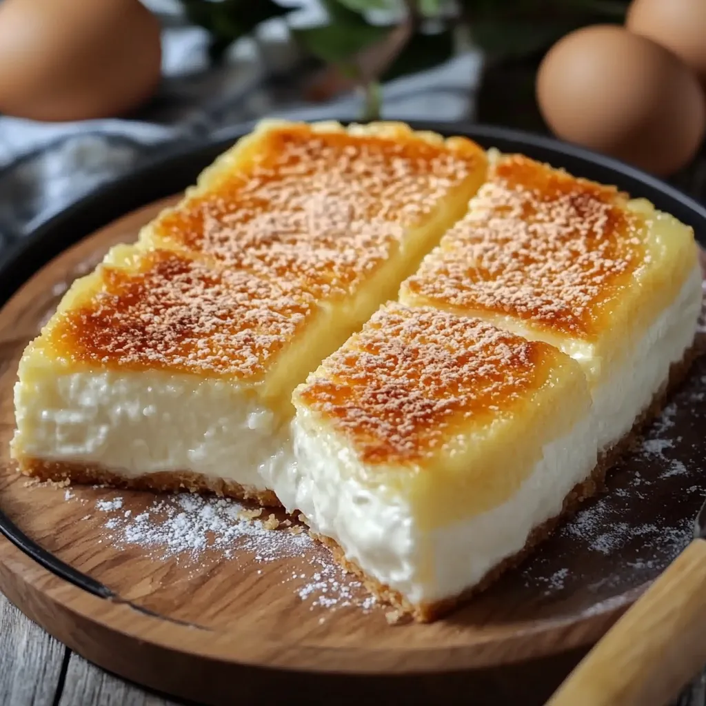 Pastel cremoso del noreste servido en un plato blanco, con una textura dorada y cremosa en el centro, acompañado de café.