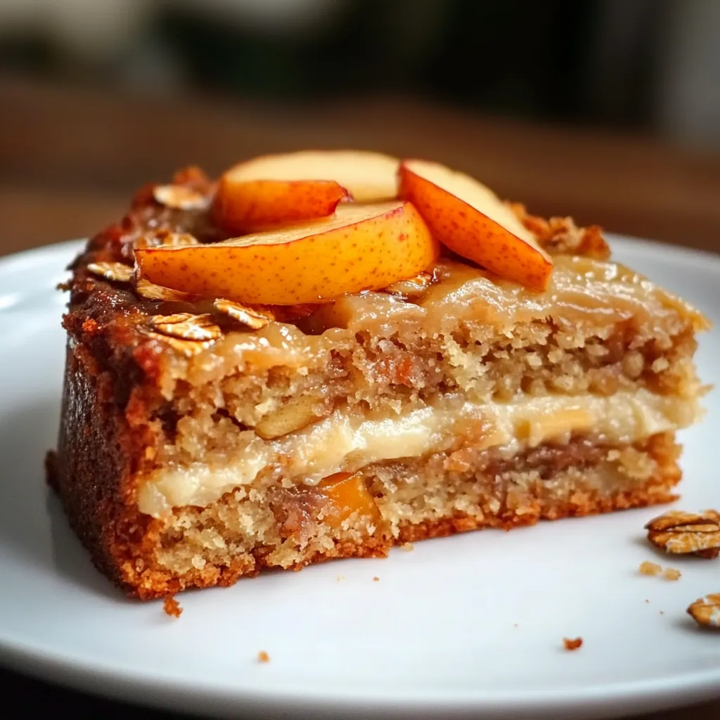 Pastel de avena, manzana y zanahoria recién horneado en un plato de madera con una decoración rústica.