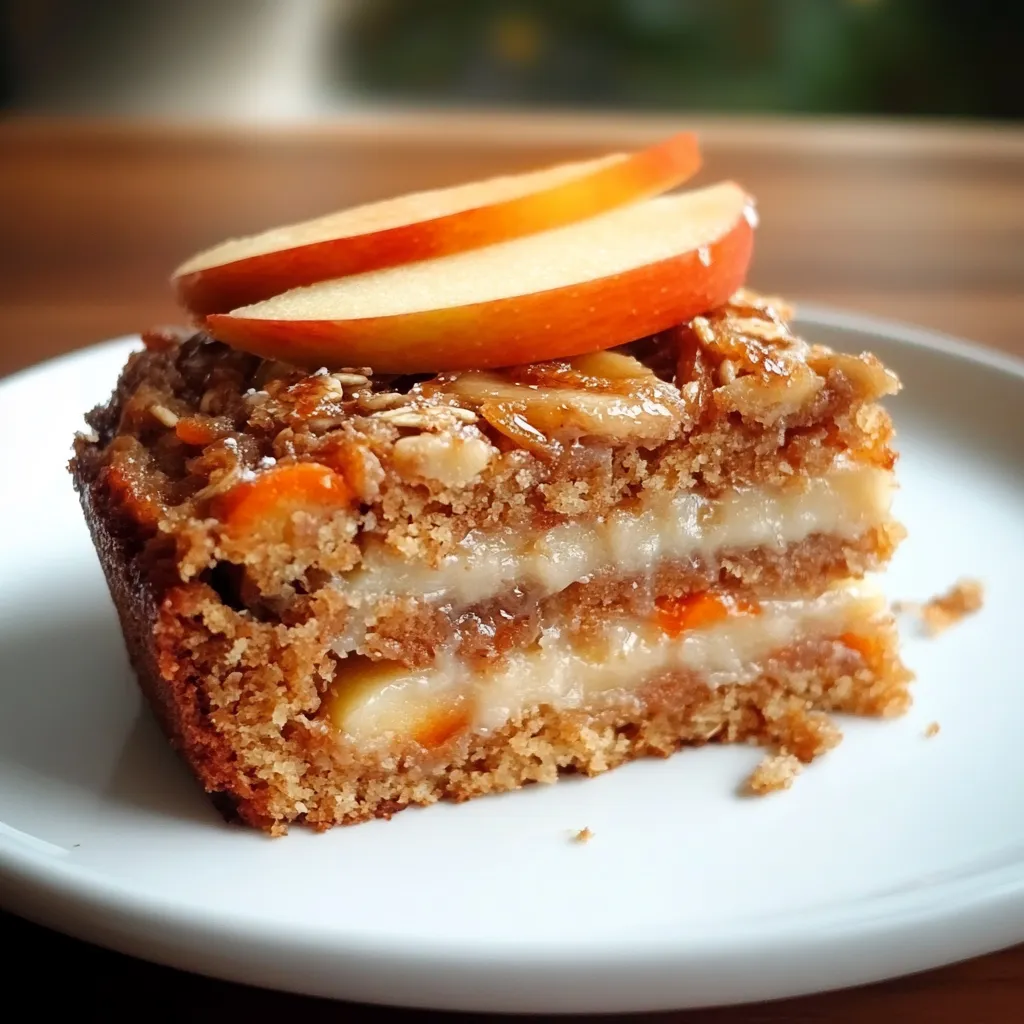 Pastel de avena, manzana y zanahoria recién horneado en un plato de madera con una decoración rústica.