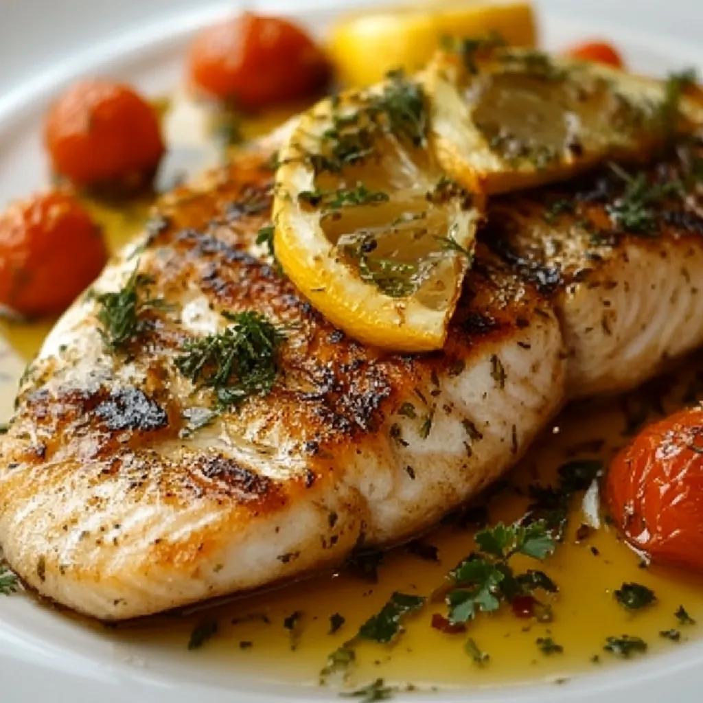Filete de pescado a la plancha servido en un plato blanco con perejil fresco y rodajas de limón.