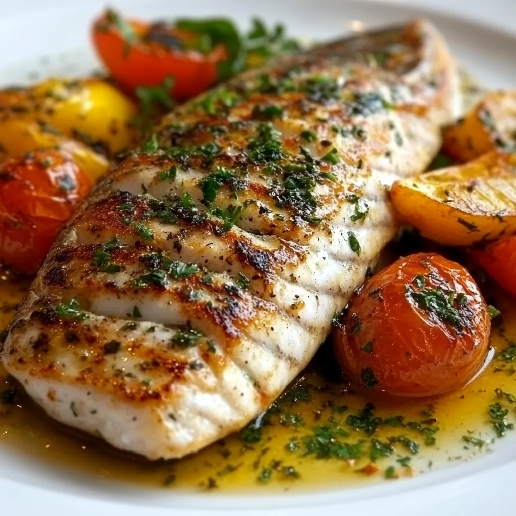 Filete de pescado a la plancha servido en un plato blanco con perejil fresco y rodajas de limón.